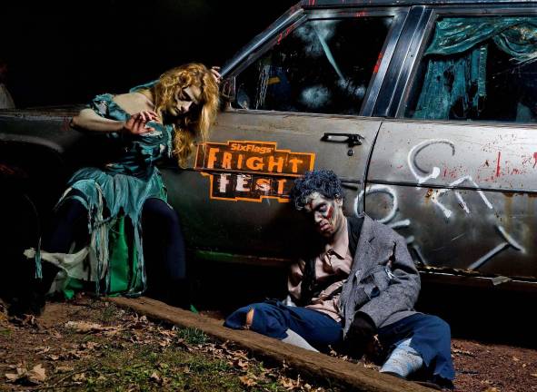 Six Flags Fright Fest hearse with zombies.