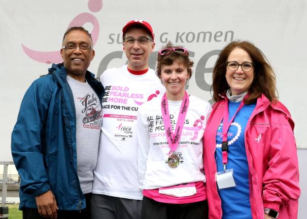 Michele Caselnova (far right) at 2018 Komen North Jersey Race for the Cure on May 6. Caselnova is now president of Komen North Jersey Board of Trustees. Others pictured, from left: NBC News Co-Anchor Anthony Johnson, emcee for the event; Ed Mazzella, Vice President and General Manager of Xfinity/Comcast Spotlight; and Lauren Spieglehoff of East Brunswick. Photo by Eloquent Studios