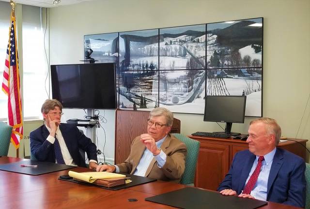 From left to right: Sussex County Community College President Jon Connolly, Board of Trustees Chair William P. Curcio and board Attorney Glenn Keiz. Nicole M. wells photo