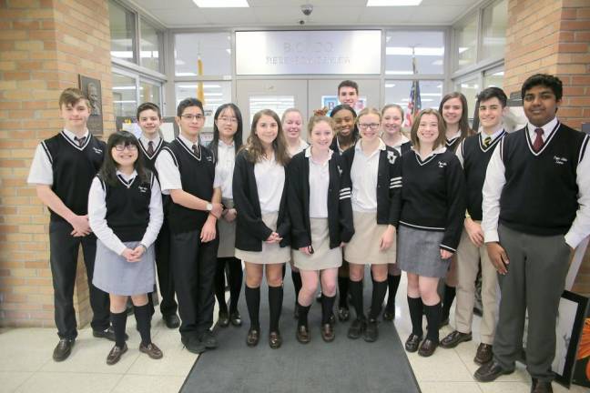 Pope John XXIII Regional High School's Academic Team: (Front, from left); Ellysa Stoveken, Christian Marlin, Emily Mundt, Sarah Bednarick, Ashley Potts, Katrina Veal, Dylan Bachrach, Suraj Bose. (Standing); Wesley Taylor, Charles Wyckoff, Sherry Wu, Eden Espinosa, Martha Sengor, Tim Connell, Nicole Donnelly, and Lucy Campbell. Not pictured: Shannon Kelly.