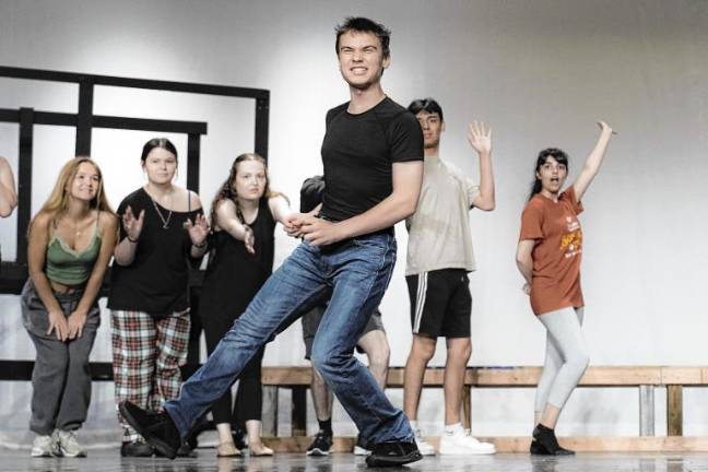 <b>Logan Frazer, front, as Nigel Bottom with dancers, front left, Maddy Sutton, Hayley Frazer, Blair Lanza, Thomas Fossett and Madisyn Rojas rehearse a dance number from ‘Something Rotten!’ (Photo provided)</b>