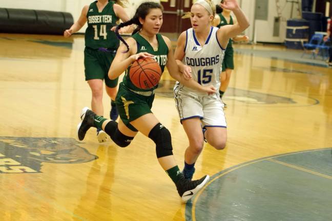 Sussex Tech's Marissa Munoz dribbles the ball while Kittatinny defender Olivia Redden keeps pace in the second period. Photos by George Leroy Hunter