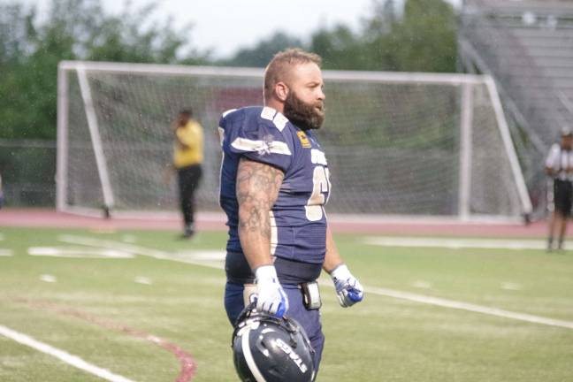 Stags team captain and veteran defensive lineman B.J. Freeland keeps a watchful eye on and off the field.