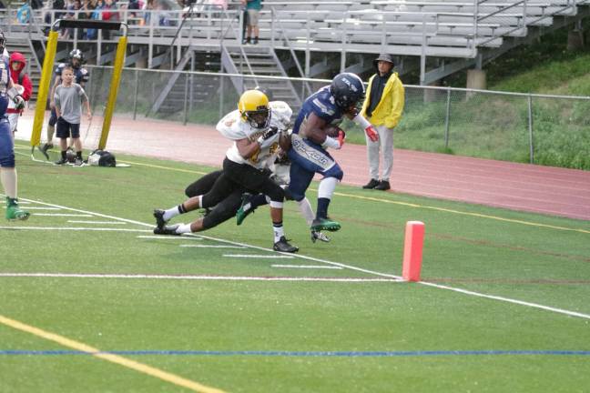 Stags Mack gets knocked out of bounds just short of the goal line after a long gain in the second quarter.