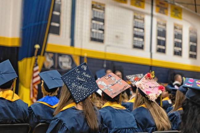 <b>Decorated caps of members of the Vernon Township High School Class of 2025 at graduation June 19. (Photo by Cody Williams)</b>