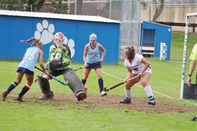 Kittatinny goalkeeper Tara Douglas deflects the ball with her foot preventing a score. Douglas had 12 saves.