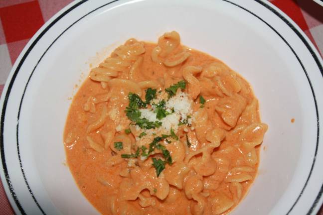 Homemade fusilli with a tomato, vodka, mascarpone sauce was the delicious second course at the Fifth Annual Tuscan dinner fundraiser.