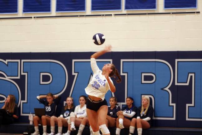Sparta volleyball player Payton Simpson in action. Simpson is credited with six kills.