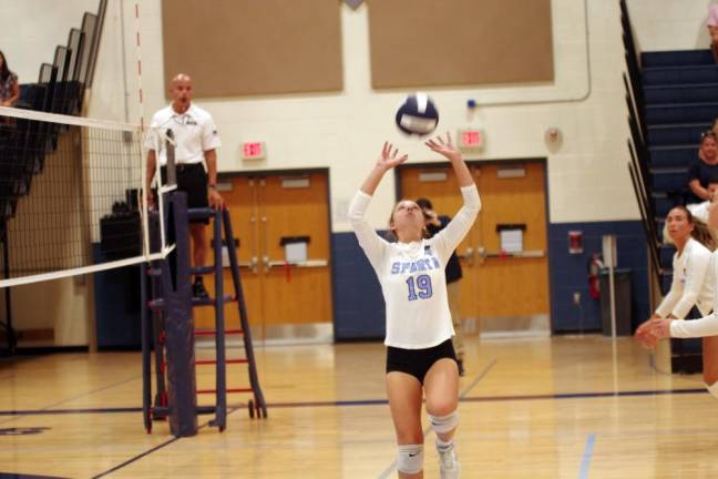 Sparta volleyball player Aralyn Saulys is credited with four kills, four digs and six assists.