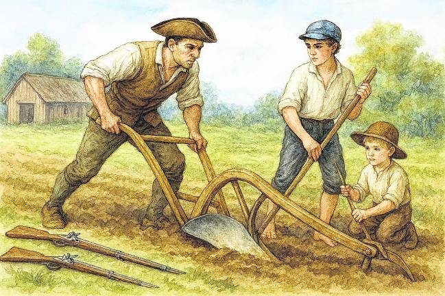 <b>Simon Wade, subsistence farming with family; using period plough with wooden beam and iron share.</b>