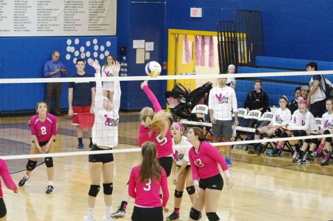 Jefferson Falcons and Pope John Lions get upclose and high on the net.