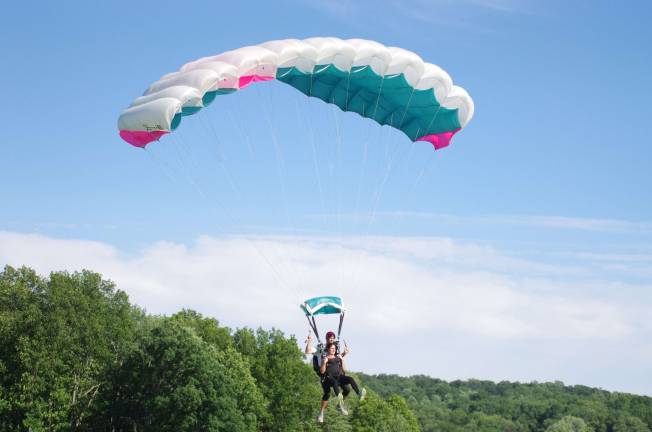 A tandem jump about to be completed.