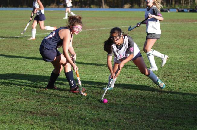 Sparta's Caroline Kepler uses her stick to pull the ball away from Lenape Valley's Gianna Acquavella.