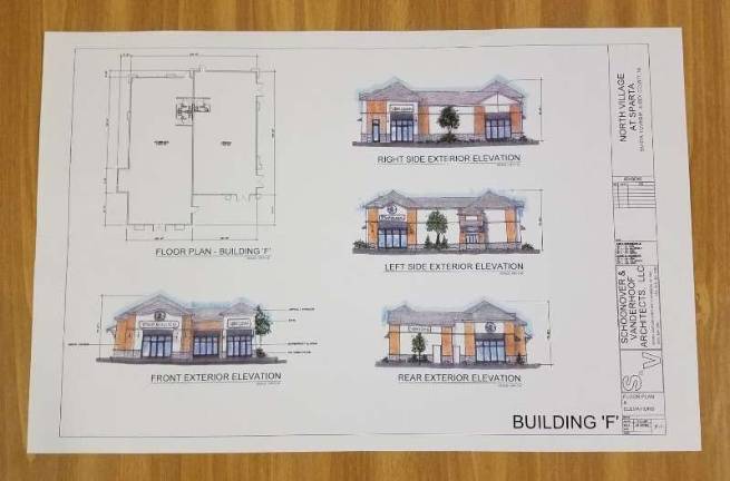 Artist's rendering of the retail stores at the North Village at Sparta mixed-use development being constructed on Rt. 15. Photo by Mandy Coriston