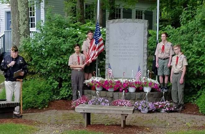 Former Byram Mayor and veteran Richard Bowe (l) speaks at the Byram Township Memorial Day Service in May, 2018. Bowe is the past Commander of the Byram VFW Post 10559 and he is an at-large member of the VFW. He served in the U.S. Army Security Agency during the early part of the Vietnam era.&#xa0;(Photo by Mandy Coriston).