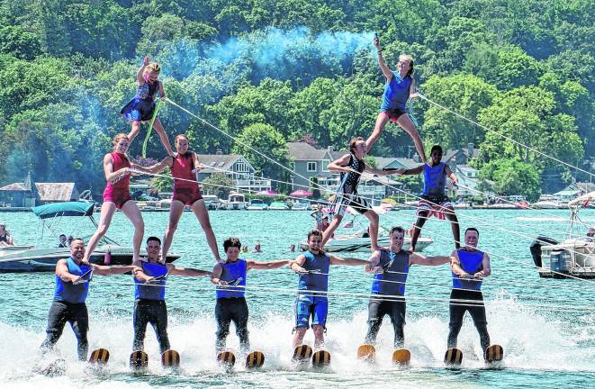 The Ski Hawks perform a double pyramid.