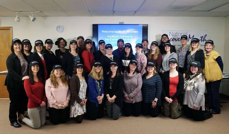 PHOTO PROVIDED A large group of Sussex County professionals and volunteers recently completed training a recovery facilitators at the Center for Prevention and Counseling's Recovery Community Center in Newton.