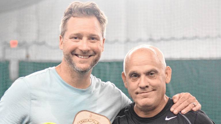 Matt Martinka and Craig Gianinno win the Sparta Education Foundation’s inaugural ‘Battle of the Paddle’ pickleball tournament May 30 at the Sparta Athletic Campus. (Photos by Aidan Mastandrea)