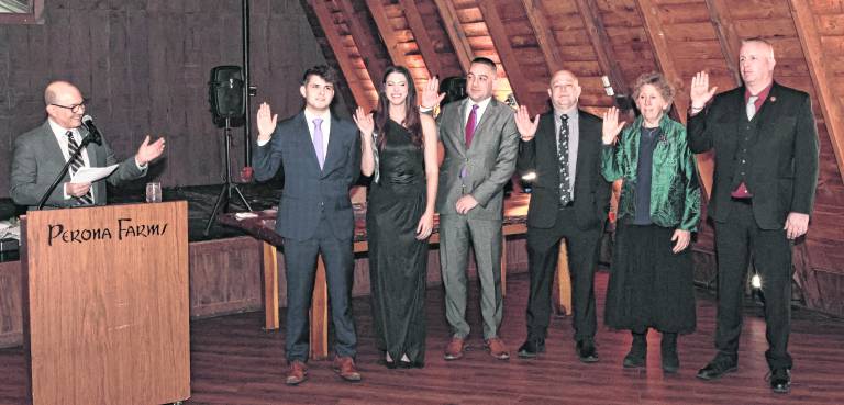 The Sparta Ambulance Service had its annual installation dinner at The Barn of Perona Farms. Members were sworn in by Sparta Townshp Mayor Dean Blumetti: Pictured from left, Blumetti, Sgt. Christopher Munoz, Second Lt. Alexa Griffin, First Lt. Richard Bartlett, Capt. Ben Wright, Trustee Lucy Katzen and Trustee John Cronin.