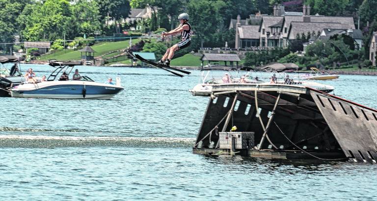 A member of the Ski Hawks performs a jump.