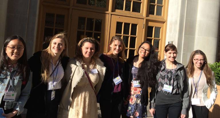 Members of Pope John XXIII’s Girls Who Code Club in New York City, from left: Annie Xu ’19, Arianna Ippolito ’17, Lea Manniello ’18, Elizabeth Wiltshire ’19, Elora Borja ’17, Rebecca Wiltshire ’17, and Jacqueline Thorward ’19.