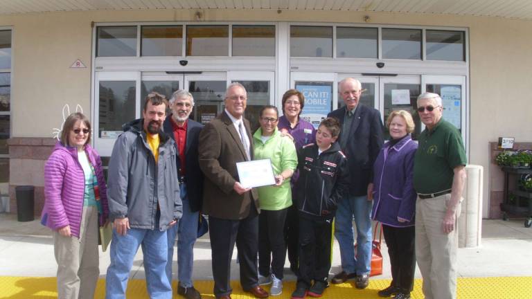 Pictures left to right are Suzanne Blecker, Food Pantry Board Member, Keith Bertellotti, Sparta Kiwanis member, Frank Cannistra, Sparta Kiwanis President, Bill Diffin, Sparta Stop and Shop Store Manager, Valerie Macchio, Food Pantry Board President, and her son Christian, Coleen Hiltz, Sparta Stop and Shop Front End Manager, Ken Koneval, Kiwanis Immediate Past President, Denise Aldana, Food Pantry Board Member, and John Dalzell, Food Pantry Warehouse Manager.