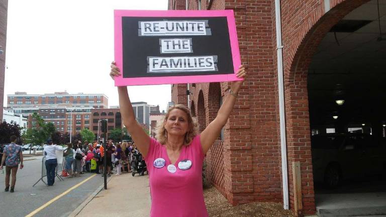 Nancy Bloom from Chatham at the June 22 demonstration outside Rep. Frelinghuysen's Morristown office Photo by Meghan Byers