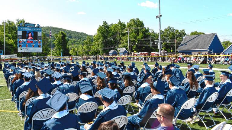 The Sparta High School Class of 2025 watches the graduation ceremony Friday, June 20. (Photo by Maria Kovic)