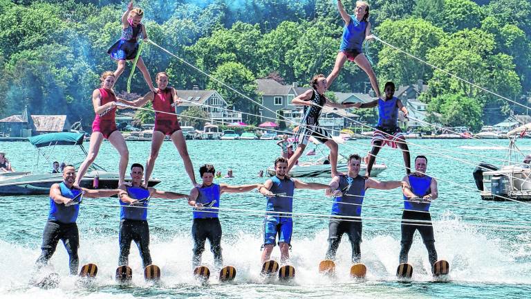The Ski Hawks perform a double pyramid.
