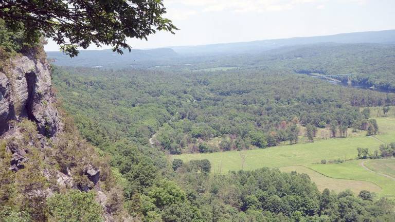 View from the Cliff Park Trail overlooking Route 209, the McDade Recreational Trail, and the Milford bridge (Photo by Pamela Chergotis)