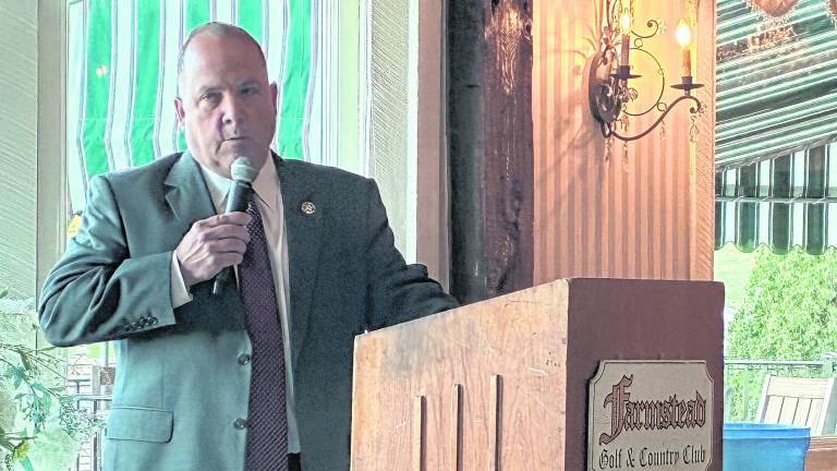 <b>Sussex County Sheriff Michael Strada speaks at last year’s Crimestoppers fundraiser.</b>