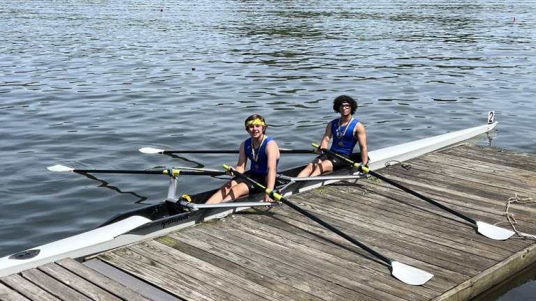 Pope John senior Christian Marlin, right, and sophomore Andrew Wilson finished third in the double scull category in the Philadelphia City Championships on May 6-7.