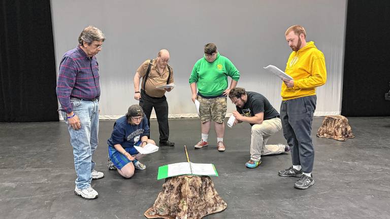 <b>The cast of ‘Mile 59’ in rehearsal. From left are Phil Cocilovo, Fenrir Lewin, Stephen Burke, Benjamin Smith, Leo Watson and Gavin Bermingham. (Photo provided)</b>