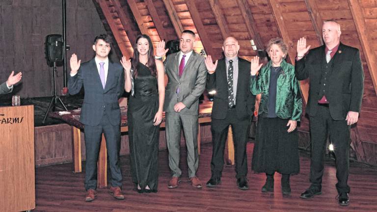 The Sparta Ambulance Service had its annual installation dinner at The Barn of Perona Farms. Members were sworn in by Sparta Townshp Mayor Dean Blumetti: Pictured from left, Blumetti, Sgt. Christopher Munoz, Second Lt. Alexa Griffin, First Lt. Richard Bartlett, Capt. Ben Wright, Trustee Lucy Katzen and Trustee John Cronin.